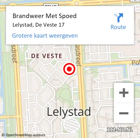 Locatie op kaart van de 112 melding: Brandweer Met Spoed Naar Lelystad, De Veste 17 op 18 februari 2022 20:49