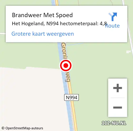 Locatie op kaart van de 112 melding: Brandweer Met Spoed Naar Het Hogeland, N994 hectometerpaal: 4,8 op 18 februari 2022 22:14