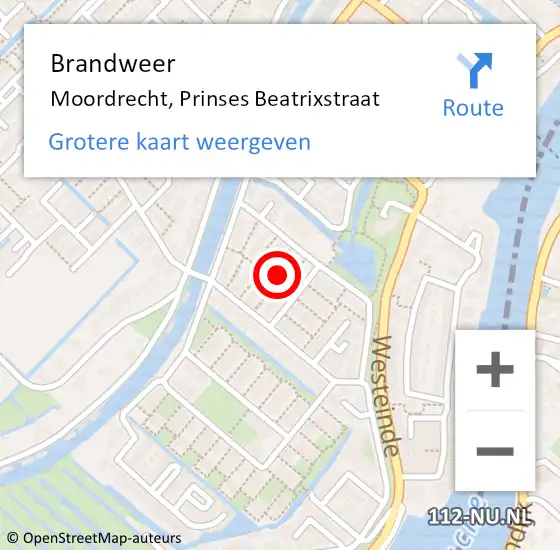 Locatie op kaart van de 112 melding: Brandweer Moordrecht, Prinses Beatrixstraat op 18 februari 2022 22:19