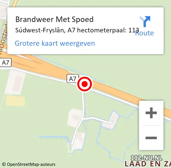 Locatie op kaart van de 112 melding: Brandweer Met Spoed Naar Súdwest-Fryslân, A7 hectometerpaal: 113 op 18 februari 2022 23:16