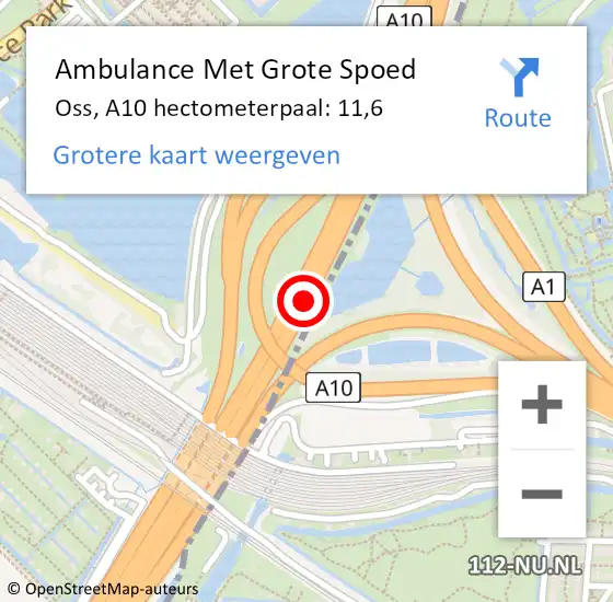 Locatie op kaart van de 112 melding: Ambulance Met Grote Spoed Naar Amsterdam, A10 hectometerpaal: 11,6 op 19 februari 2022 00:52