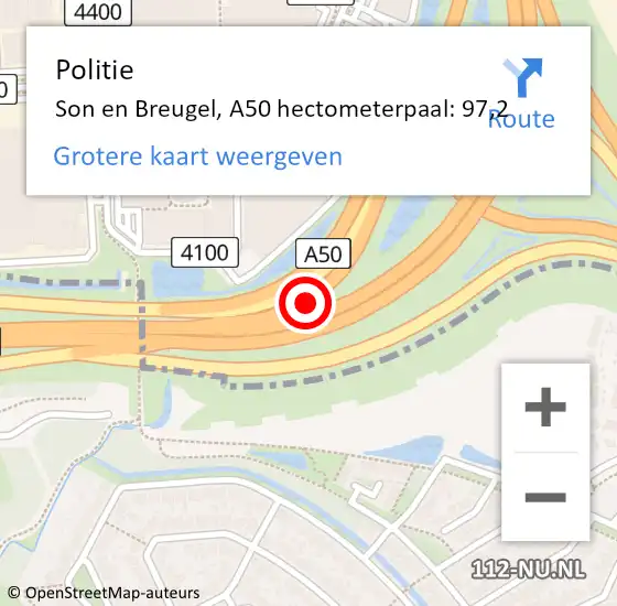Locatie op kaart van de 112 melding: Politie Son en Breugel, A50 hectometerpaal: 97,2 op 19 februari 2022 01:28
