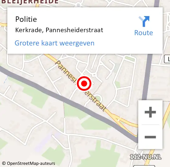 Locatie op kaart van de 112 melding: Politie Kerkrade, Pannesheiderstraat op 19 februari 2022 01:35