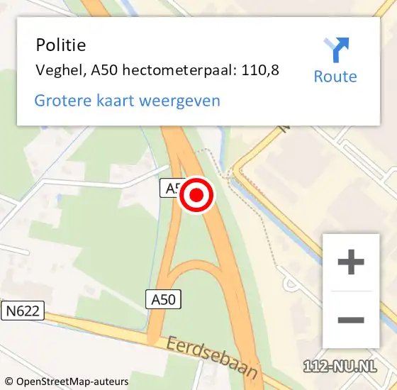 Locatie op kaart van de 112 melding: Politie Veghel, A50 hectometerpaal: 110,8 op 19 februari 2022 03:29
