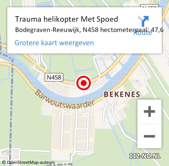 Locatie op kaart van de 112 melding: Trauma helikopter Met Spoed Naar Bodegraven-Reeuwijk, N458 hectometerpaal: 47,6 op 19 februari 2022 04:28