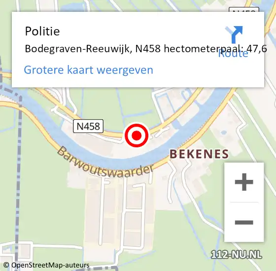 Locatie op kaart van de 112 melding: Politie Bodegraven-Reeuwijk, N458 hectometerpaal: 47,6 op 19 februari 2022 04:29