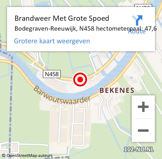 Locatie op kaart van de 112 melding: Brandweer Met Grote Spoed Naar Bodegraven-Reeuwijk, N458 hectometerpaal: 47,6 op 19 februari 2022 04:29