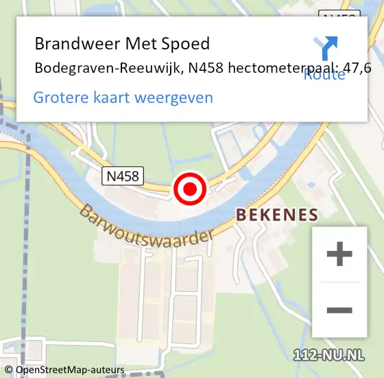 Locatie op kaart van de 112 melding: Brandweer Met Spoed Naar Bodegraven-Reeuwijk, N458 hectometerpaal: 47,6 op 19 februari 2022 05:32