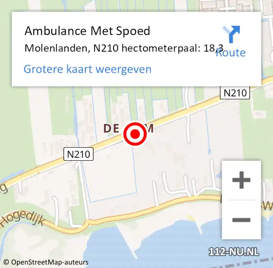 Locatie op kaart van de 112 melding: Ambulance Met Spoed Naar Molenlanden, N210 hectometerpaal: 18,3 op 19 februari 2022 05:58