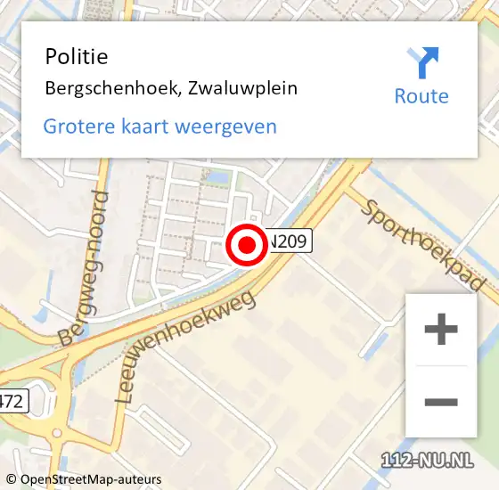 Locatie op kaart van de 112 melding: Politie Bergschenhoek, Zwaluwplein op 19 februari 2022 08:16