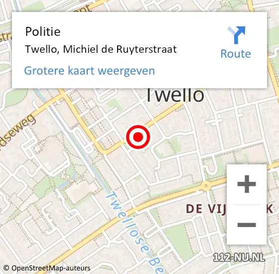 Locatie op kaart van de 112 melding: Politie Twello, Michiel de Ruyterstraat op 19 februari 2022 09:55