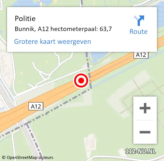 Locatie op kaart van de 112 melding: Politie Bunnik, A12 hectometerpaal: 63,7 op 19 februari 2022 10:43