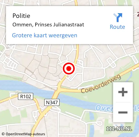 Locatie op kaart van de 112 melding: Politie Ommen, Prinses Julianastraat op 19 februari 2022 10:47