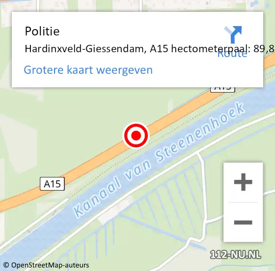 Locatie op kaart van de 112 melding: Politie Hardinxveld-Giessendam, A15 hectometerpaal: 89,8 op 19 februari 2022 10:58