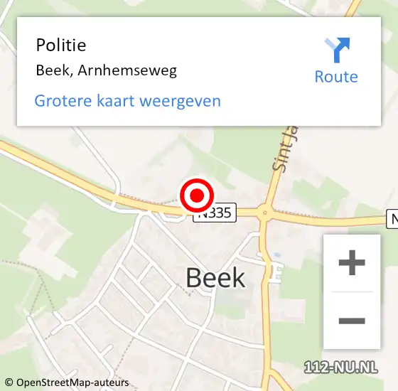 Locatie op kaart van de 112 melding: Politie Beek, Arnhemseweg op 19 februari 2022 12:53