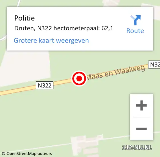 Locatie op kaart van de 112 melding: Politie Druten, N322 hectometerpaal: 62,1 op 19 februari 2022 13:47