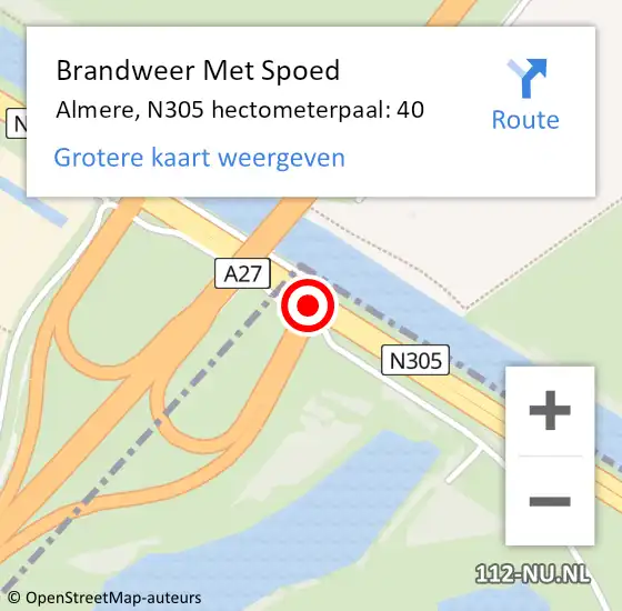 Locatie op kaart van de 112 melding: Brandweer Met Spoed Naar Almere, N305 hectometerpaal: 40 op 19 februari 2022 14:58