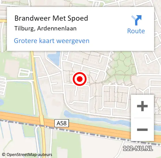 Locatie op kaart van de 112 melding: Brandweer Met Spoed Naar Tilburg, Ardennenlaan op 19 februari 2022 15:08