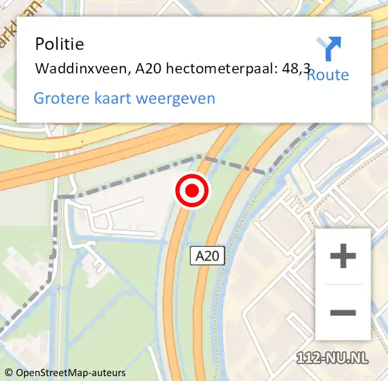 Locatie op kaart van de 112 melding: Politie Waddinxveen, A20 hectometerpaal: 48,3 op 19 februari 2022 16:37