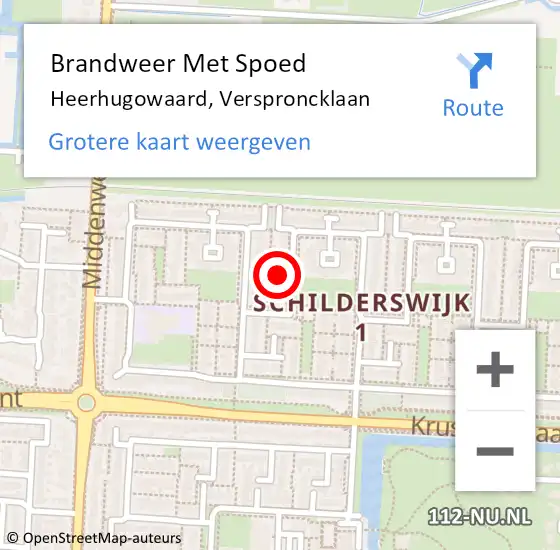 Locatie op kaart van de 112 melding: Brandweer Met Spoed Naar Heerhugowaard, Versproncklaan op 19 februari 2022 16:59