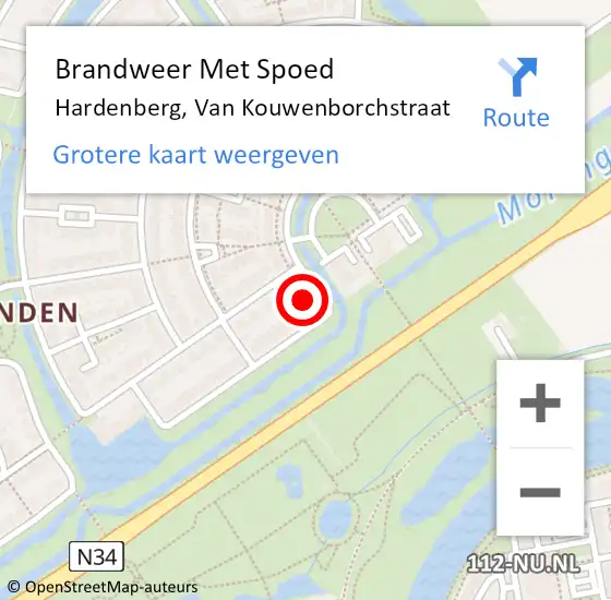 Locatie op kaart van de 112 melding: Brandweer Met Spoed Naar Hardenberg, Van Kouwenborchstraat op 19 februari 2022 17:17