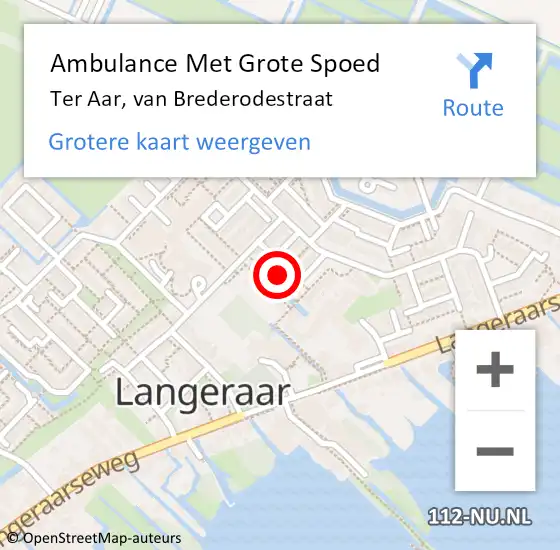 Locatie op kaart van de 112 melding: Ambulance Met Grote Spoed Naar Ter Aar, van Brederodestraat op 19 februari 2022 17:56