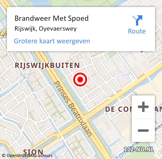 Locatie op kaart van de 112 melding: Brandweer Met Spoed Naar Rijswijk, Oyevaerswey op 19 februari 2022 18:35