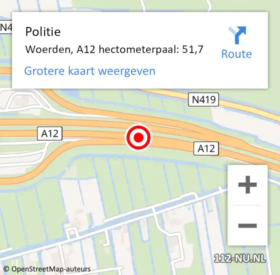 Locatie op kaart van de 112 melding: Politie Woerden, A12 hectometerpaal: 51,7 op 19 februari 2022 19:52