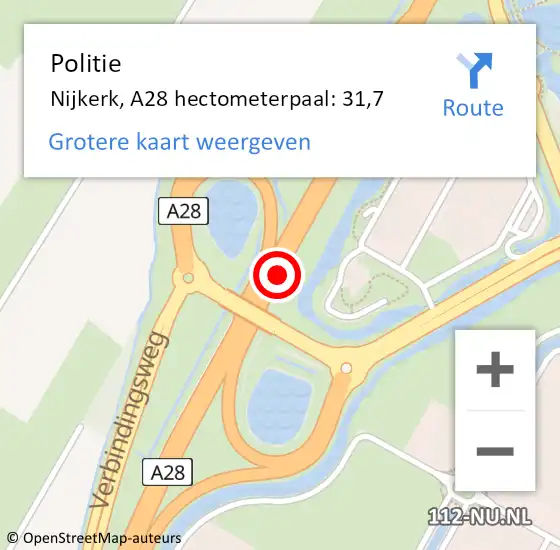 Locatie op kaart van de 112 melding: Politie Nijkerk, A28 hectometerpaal: 31,7 op 19 februari 2022 20:06