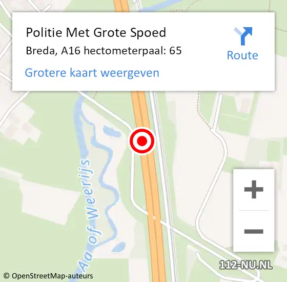 Locatie op kaart van de 112 melding: Politie Met Grote Spoed Naar Breda, A16 hectometerpaal: 65 op 19 februari 2022 20:34