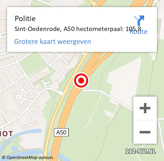 Locatie op kaart van de 112 melding: Politie Sint-Oedenrode, A50 hectometerpaal: 105,8 op 19 februari 2022 21:52