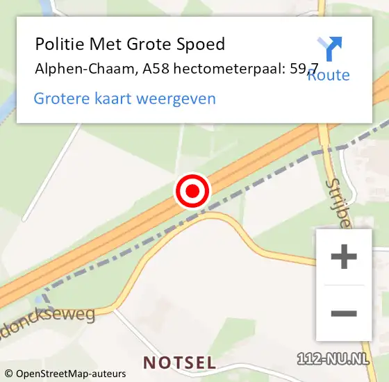 Locatie op kaart van de 112 melding: Politie Met Grote Spoed Naar Alphen-Chaam, A58 hectometerpaal: 59,7 op 20 februari 2022 01:50