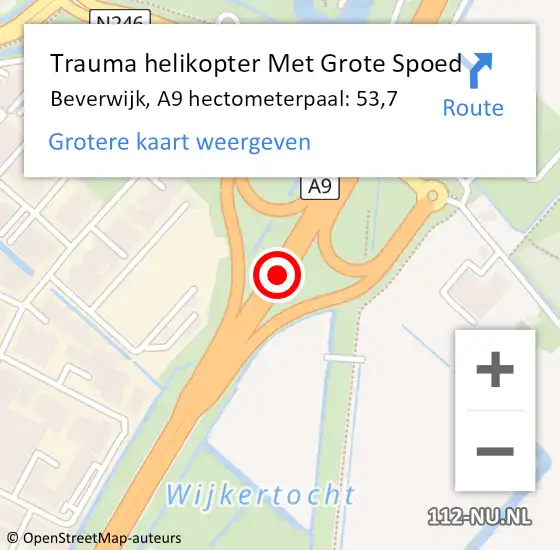 Locatie op kaart van de 112 melding: Trauma helikopter Met Grote Spoed Naar Beverwijk, A9 hectometerpaal: 53,7 op 20 februari 2022 04:20