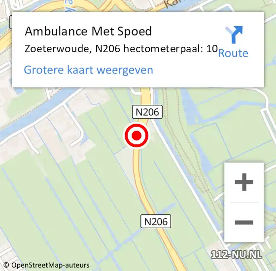 Locatie op kaart van de 112 melding: Ambulance Met Spoed Naar Zoeterwoude, N206 hectometerpaal: 10 op 20 februari 2022 05:35