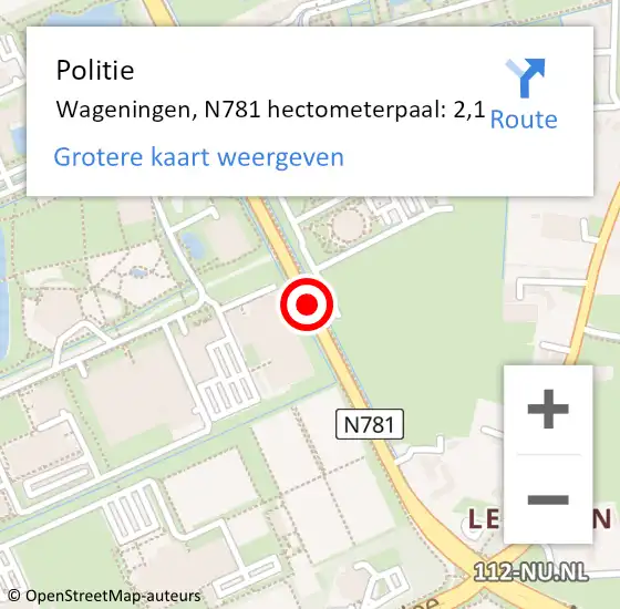 Locatie op kaart van de 112 melding: Politie Wageningen, N781 hectometerpaal: 2,1 op 20 februari 2022 10:08