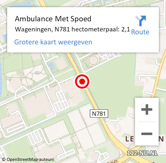 Locatie op kaart van de 112 melding: Ambulance Met Spoed Naar Wageningen, N781 hectometerpaal: 2,1 op 20 februari 2022 10:09