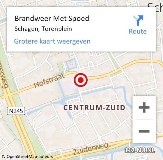 Locatie op kaart van de 112 melding: Brandweer Met Spoed Naar Schagen, Torenplein op 20 februari 2022 12:21