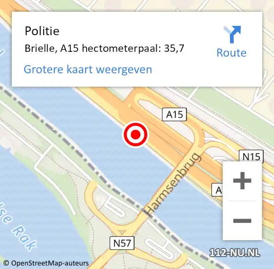 Locatie op kaart van de 112 melding: Politie Brielle, A15 hectometerpaal: 35,7 op 20 februari 2022 12:45