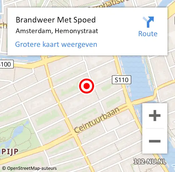 Locatie op kaart van de 112 melding: Brandweer Met Spoed Naar Amsterdam, Hemonystraat op 20 februari 2022 12:52
