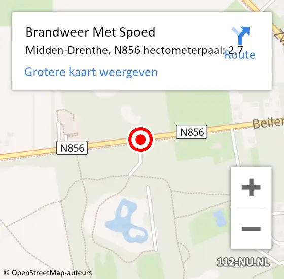 Locatie op kaart van de 112 melding: Brandweer Met Spoed Naar Midden-Drenthe, N856 hectometerpaal: 2,7 op 20 februari 2022 14:14