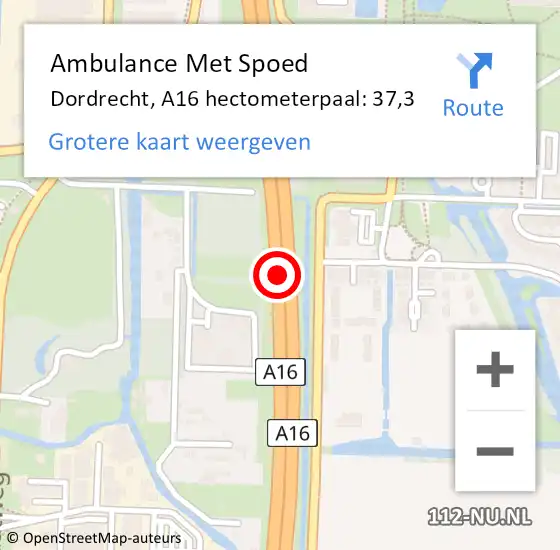 Locatie op kaart van de 112 melding: Ambulance Met Spoed Naar Dordrecht, A16 hectometerpaal: 37,3 op 20 februari 2022 16:51