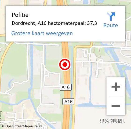 Locatie op kaart van de 112 melding: Politie Dordrecht, A16 hectometerpaal: 37,3 op 20 februari 2022 16:52
