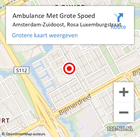 Locatie op kaart van de 112 melding: Ambulance Met Grote Spoed Naar Amsterdam-Zuidoost, Rosa Luxemburgstraat op 20 februari 2022 19:06