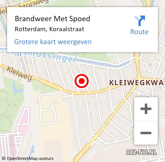 Locatie op kaart van de 112 melding: Brandweer Met Spoed Naar Rotterdam, Koraalstraat op 20 februari 2022 19:54