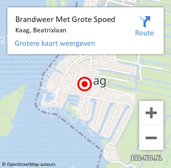 Locatie op kaart van de 112 melding: Brandweer Met Grote Spoed Naar Kaag, Beatrixlaan op 20 februari 2022 21:09