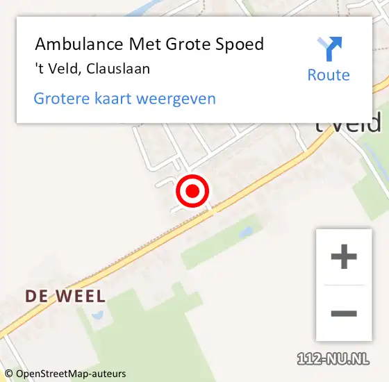 Locatie op kaart van de 112 melding: Ambulance Met Grote Spoed Naar 't Veld, Clauslaan op 20 februari 2022 21:13