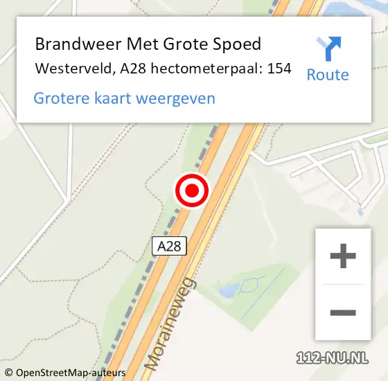 Locatie op kaart van de 112 melding: Brandweer Met Grote Spoed Naar Westerveld, A28 hectometerpaal: 154 op 20 februari 2022 22:04