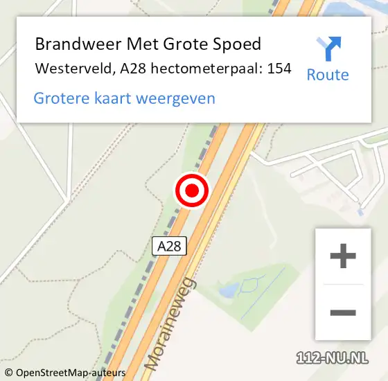 Locatie op kaart van de 112 melding: Brandweer Met Grote Spoed Naar Westerveld, A28 hectometerpaal: 154 op 20 februari 2022 22:09