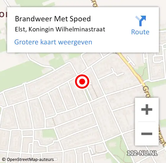 Locatie op kaart van de 112 melding: Brandweer Met Spoed Naar Elst, Koningin Wilhelminastraat op 20 februari 2022 22:16