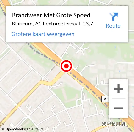 Locatie op kaart van de 112 melding: Brandweer Met Grote Spoed Naar Blaricum, A1 hectometerpaal: 23,7 op 20 februari 2022 22:23